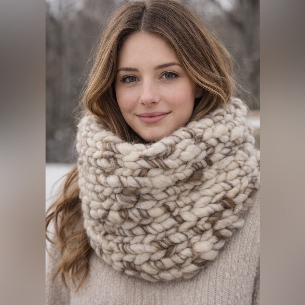 Mischa Lampert handmade spun Chunky Knit Cream and Brown snood made in NYC.